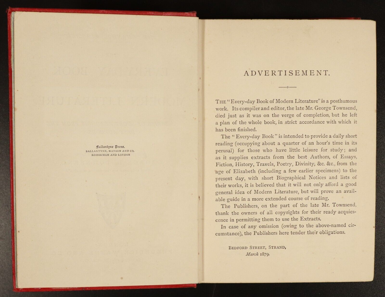 c1879 The Every Day Book Of Modern Literature Antiquarian Reference Book