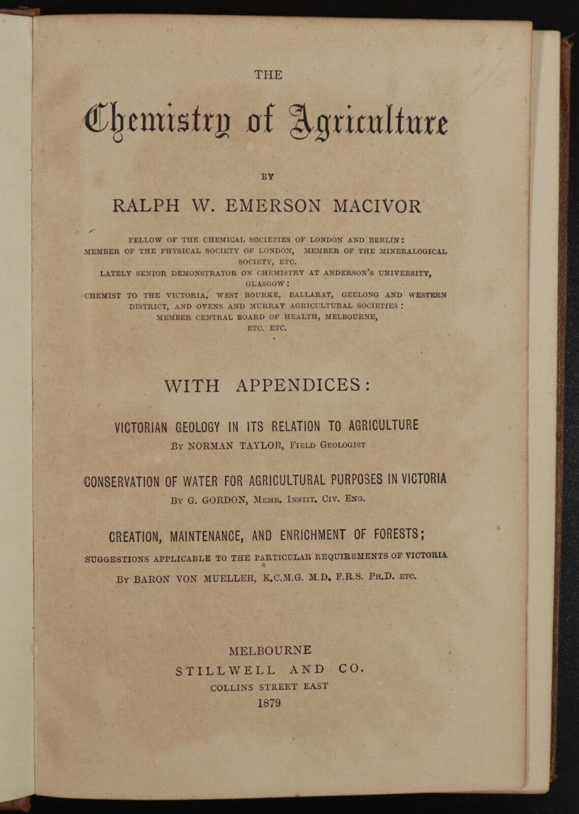 1879 The Chemistry Of Agriculture Antiquarian Melbourne History Book Australia - 0