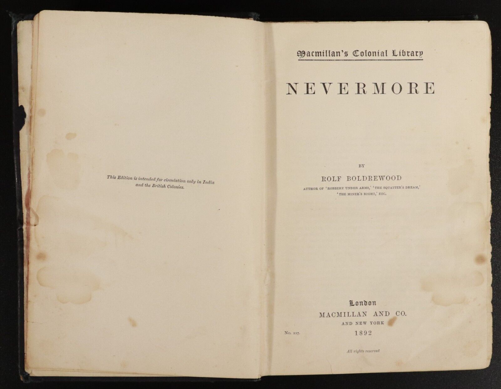 1892 Nevermore by Rolf Boldrewood 1st Edition Antique Australian Fiction Book - 0