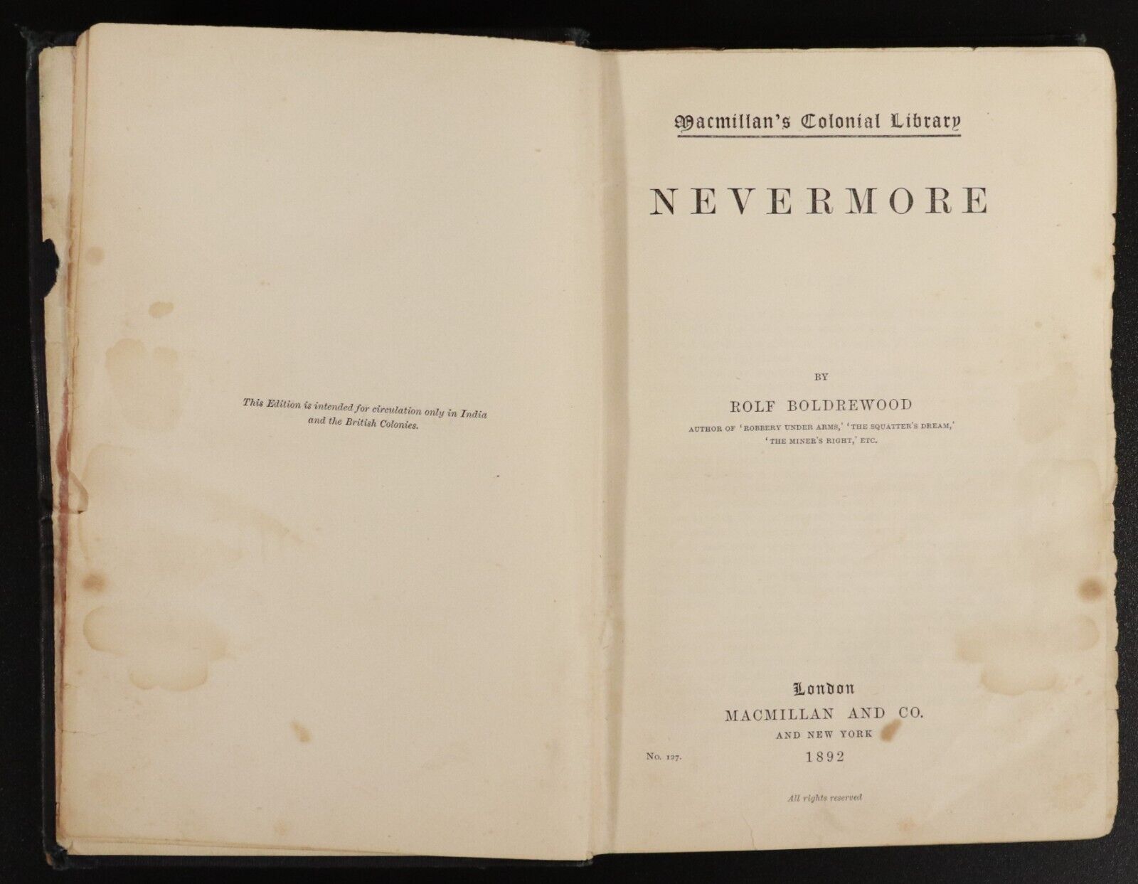 1892 Nevermore by Rolf Boldrewood 1st Edition Antique Australian Fiction Book