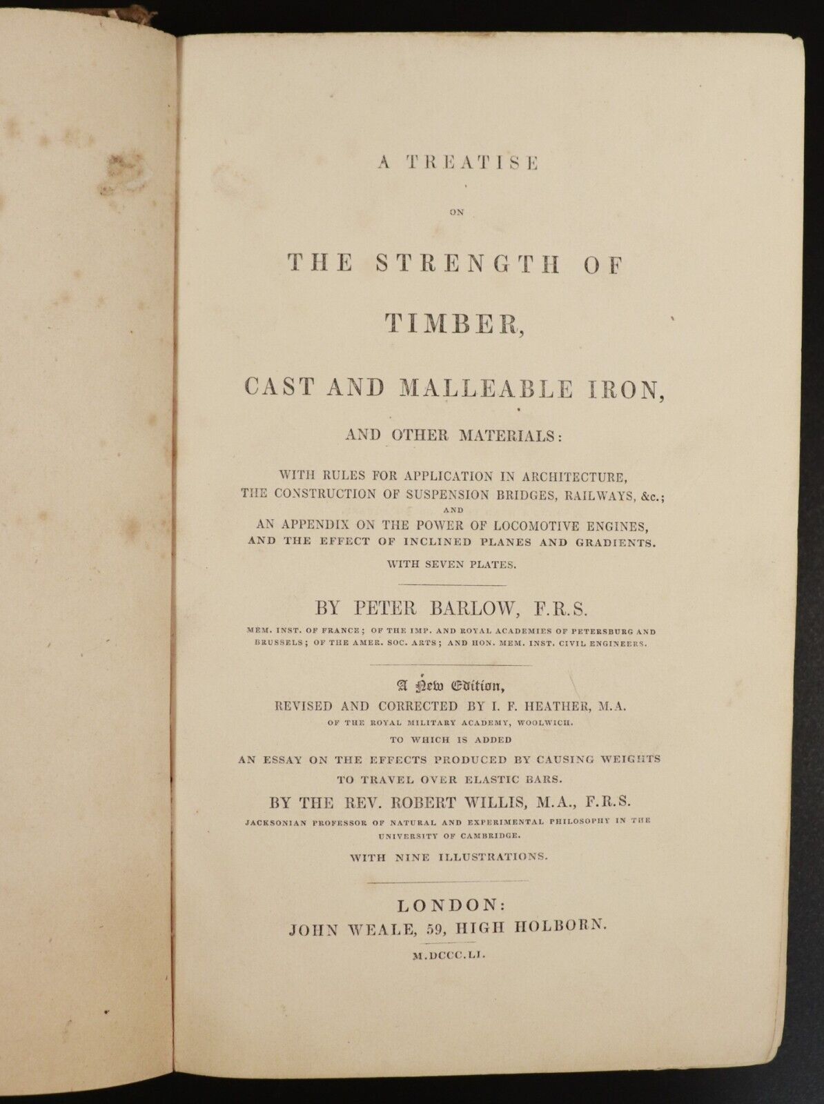 1851 Treatise On Timber & Cast Iron by Peter Barlow Antique Architecture Book