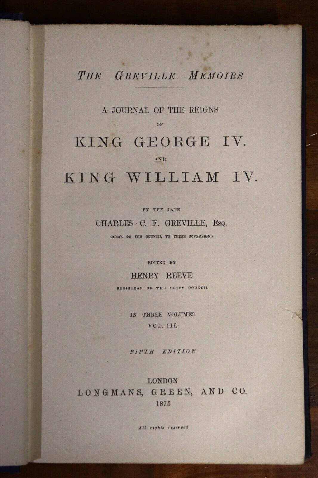 The Greville Memoirs 3 Vol. Set - 1875 - Antique British History Books