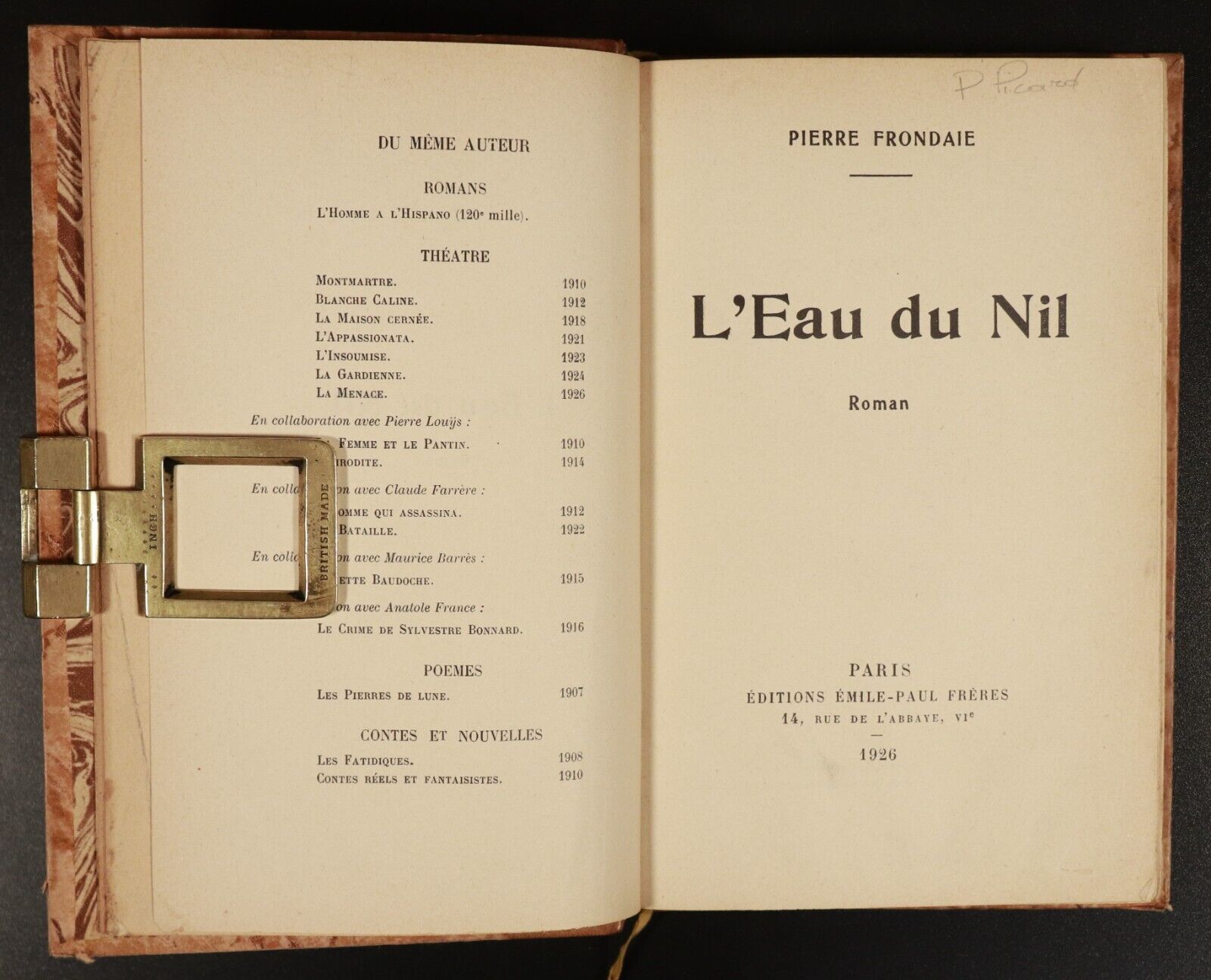 1926 L'Eau Du Nil by Pierre Frondaie Antiquarian French Fiction Book
