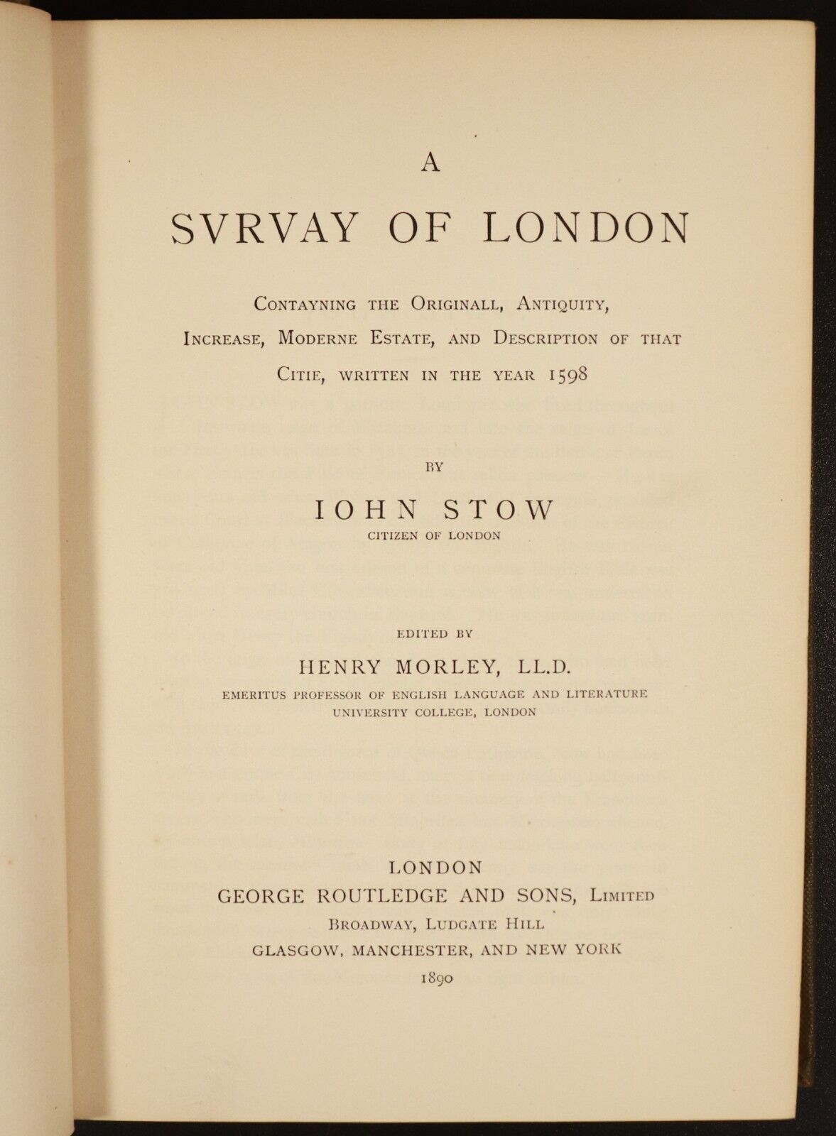 1890 A Svrvay Of London by Iohn Stow Antique British History 1598 Antiquity Book - 0