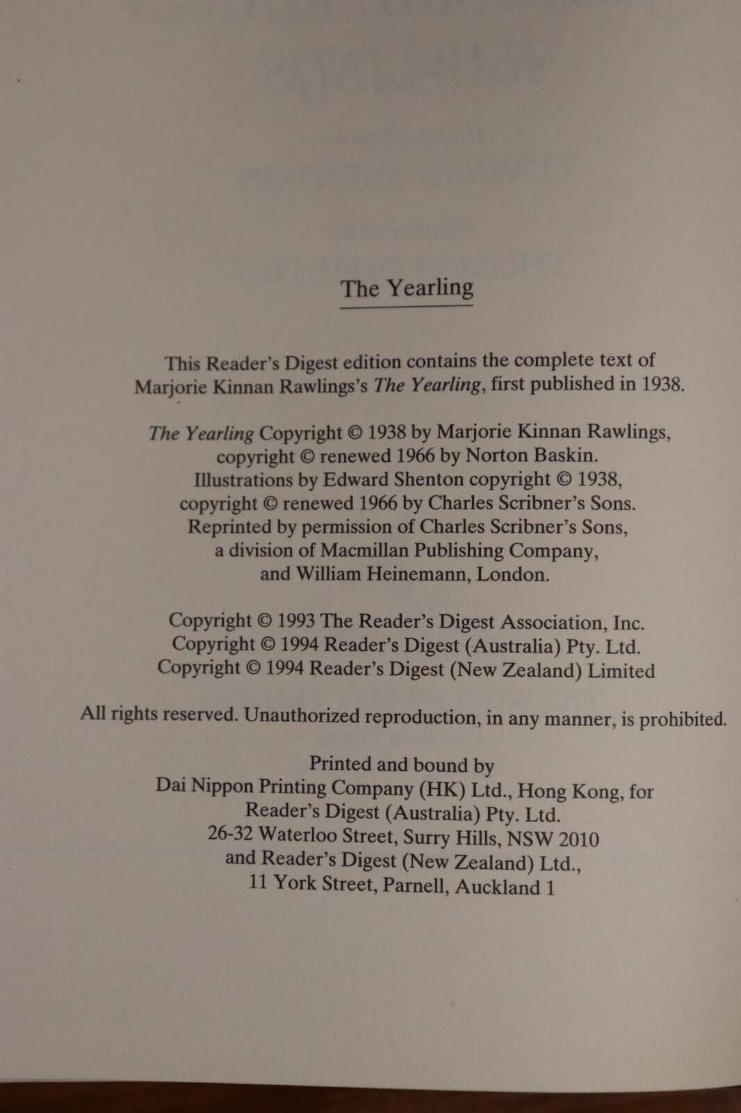 The Yearling by M Kinnon Rawlings - 1994 - Readers Digest Literature Book