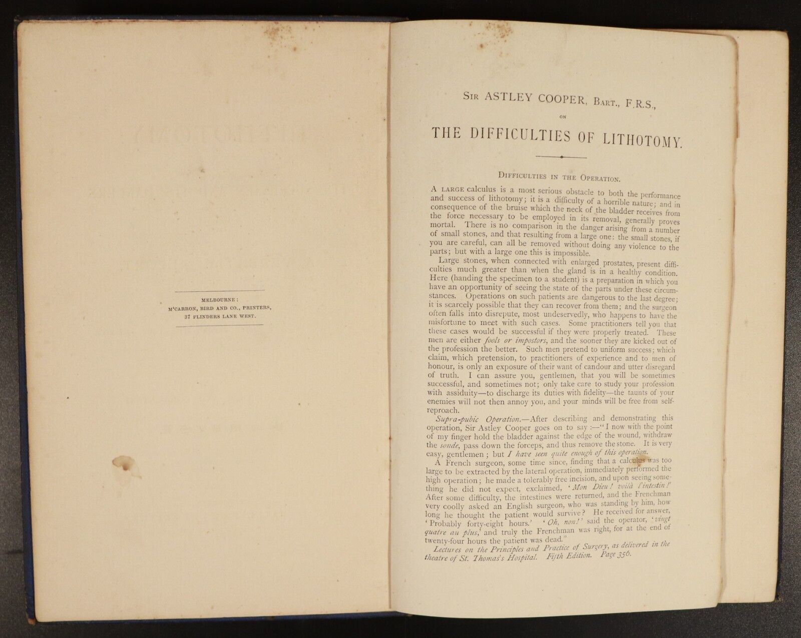 1876 Lithotomy: Its Successes & Dangers Antiquarian Australian Medical Book