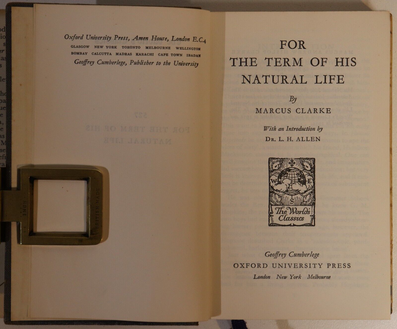 1954 For The Term Of His Natural Life by Marcus Clarke Australian Fiction Book