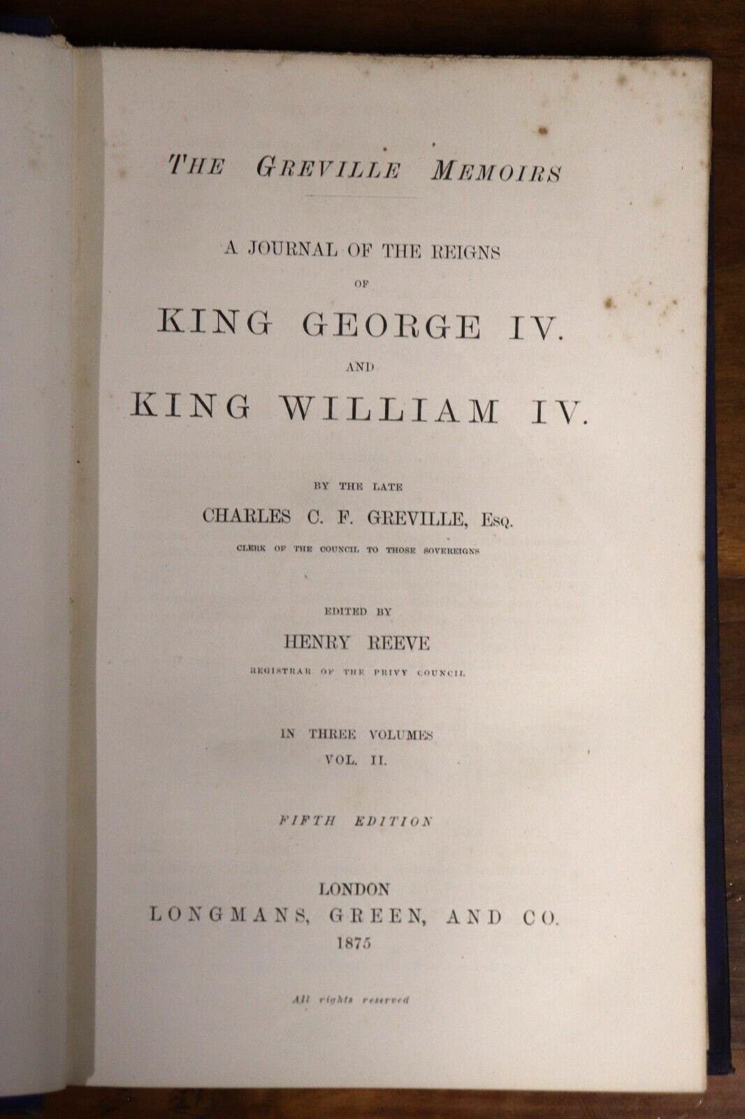 The Greville Memoirs 3 Vol. Set - 1875 - Antique British History Books