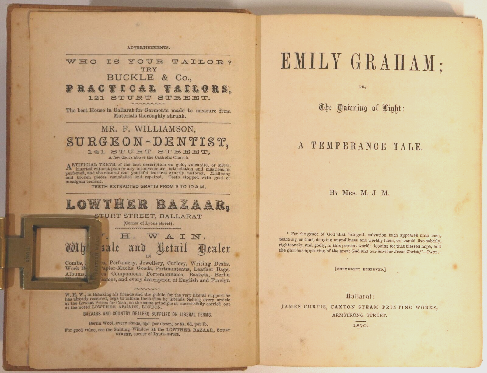 1870 Emily Graham: A Temperance Tale 1st Edition Antique Australian Fiction Book - 0