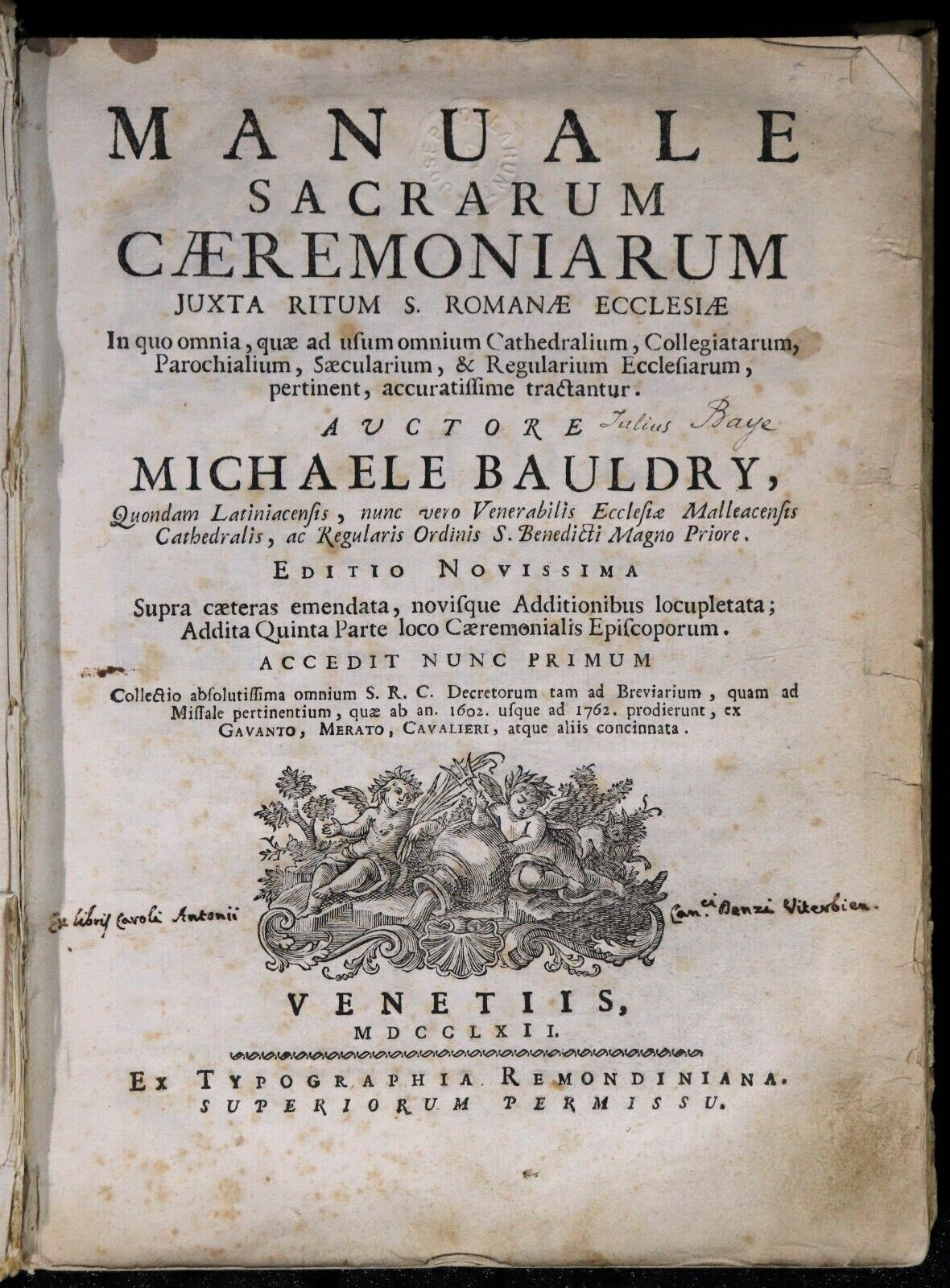 Manuale Sacrarum Caeremoniarum: Michaele Bauldry - 1762 - Antique Theology Book