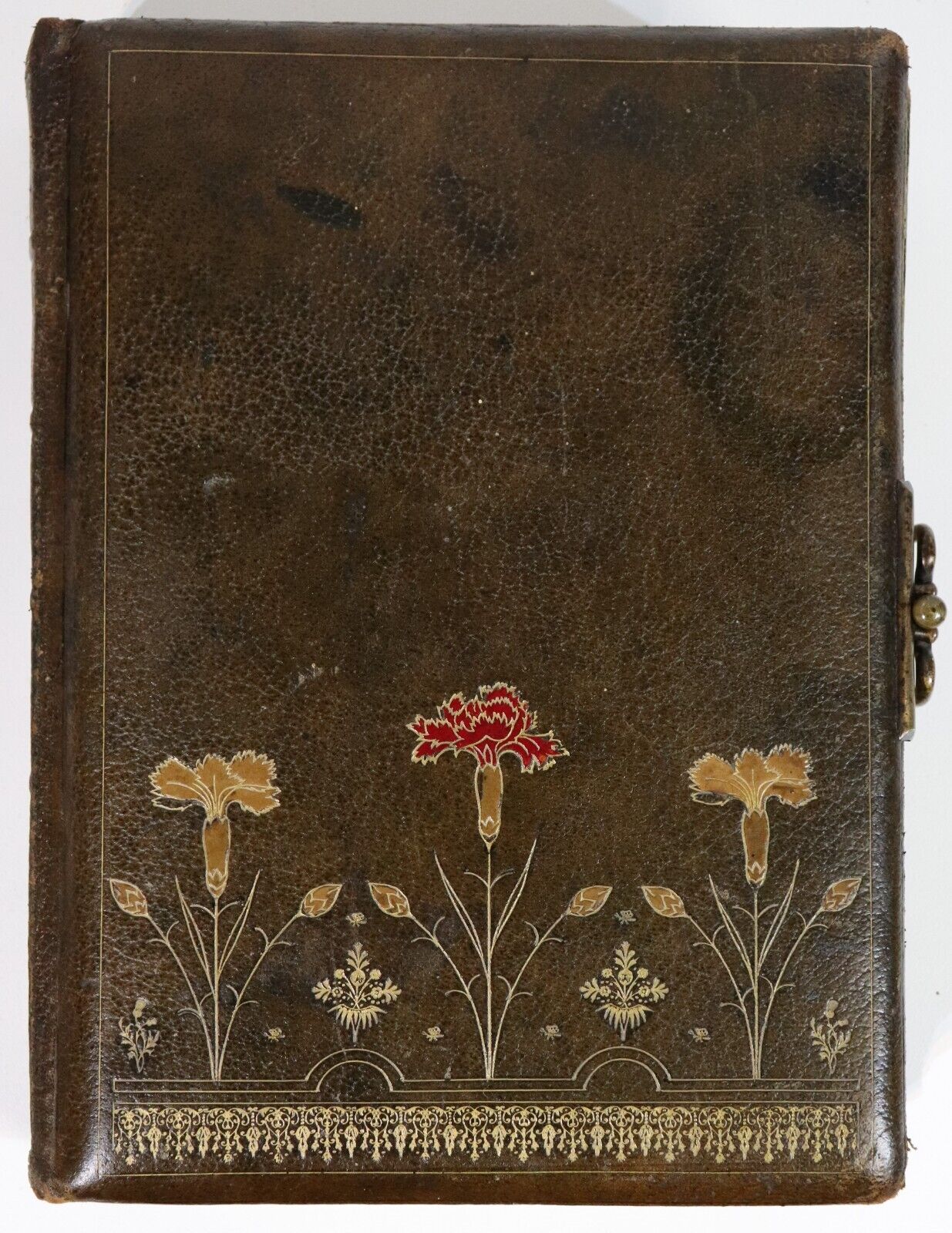 Antique Family Photo Album - c1915 - Leather, Floral Inlay & Clasp - WITH PHOTOS - 0