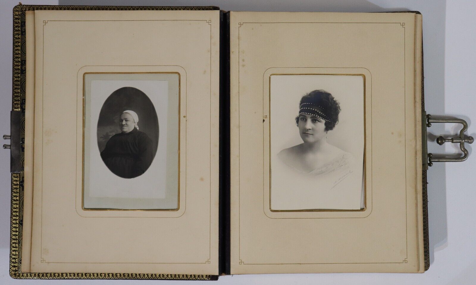 Antique Family Photo Album - c1920 - Leather & Brass - WITH PHOTOS