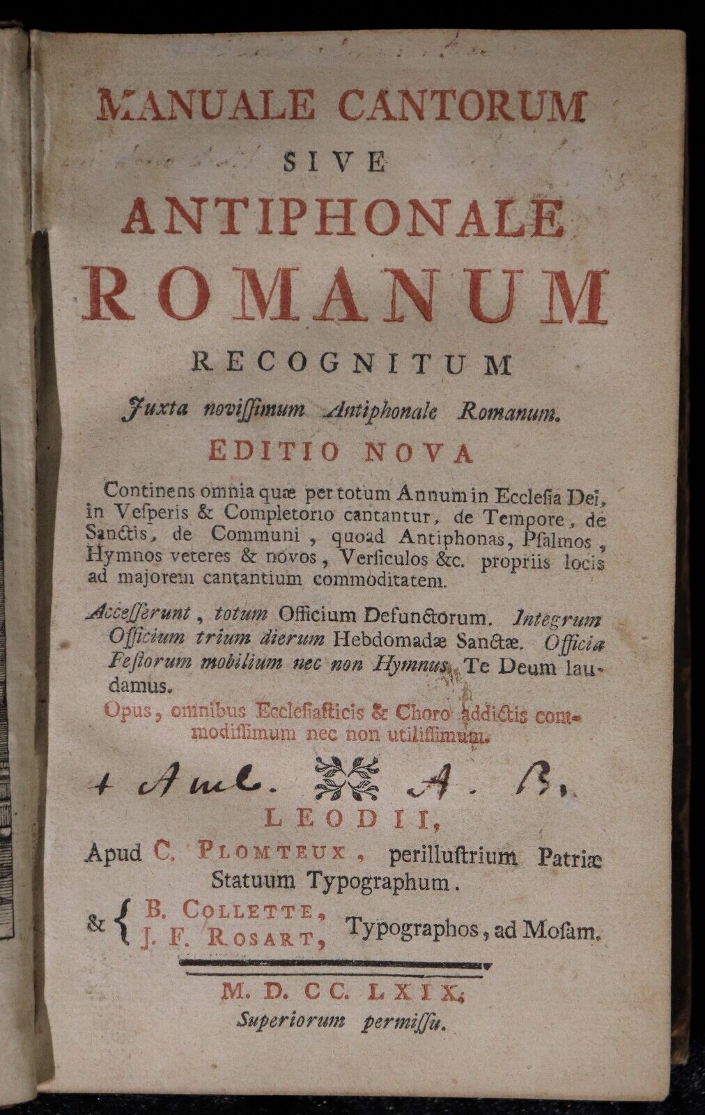 1769 Manuale Cantorum Sive Antiphonale Romanum Antiquarian Theology Book