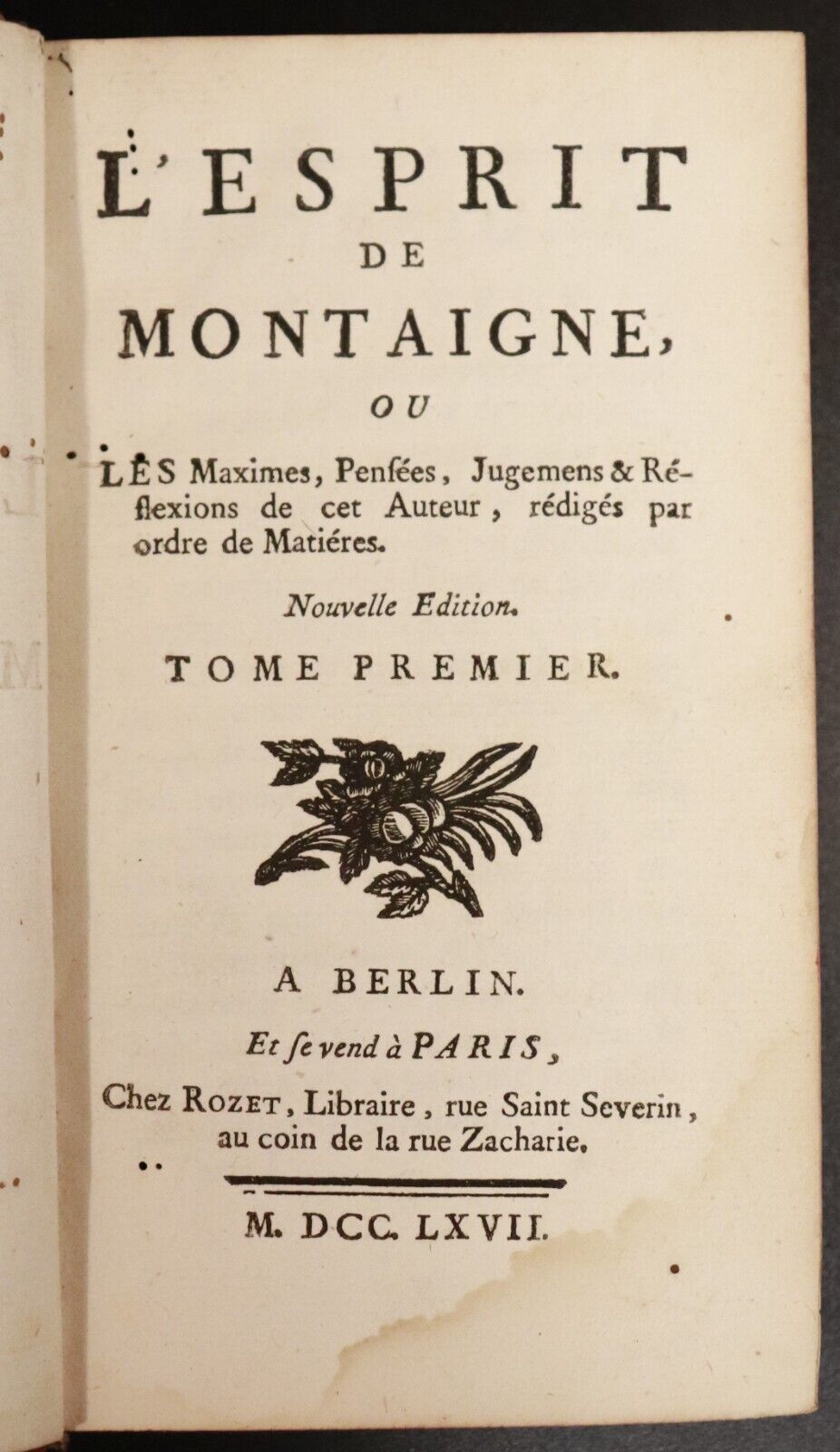 1767 L Esprit De Montaigne Antiquarian French Philosophy History Book - 0