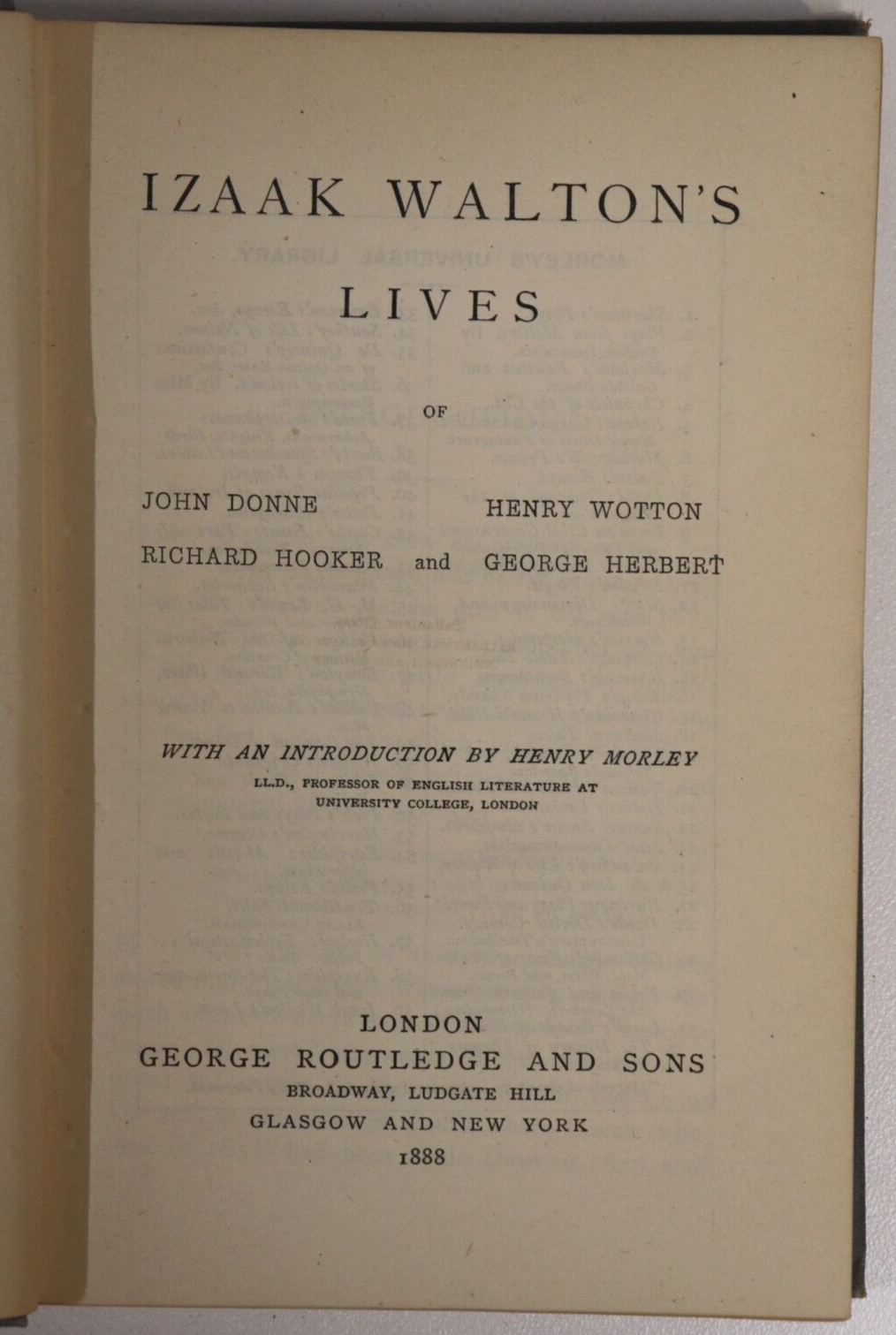 Morley's Library: Izaak Walton's Lives - 1888 - Antique British History Book - 0