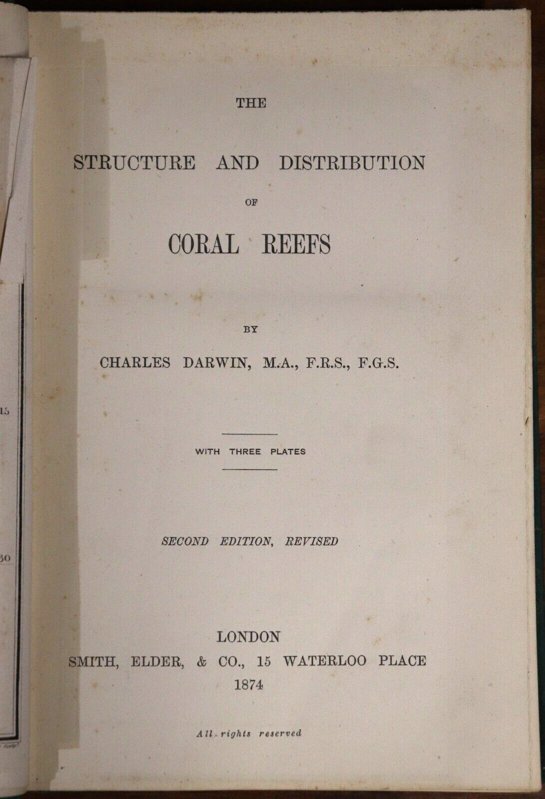 1874 Coral Reefs by Charles Darwin 2nd Edition Antiquarian Natural History Book