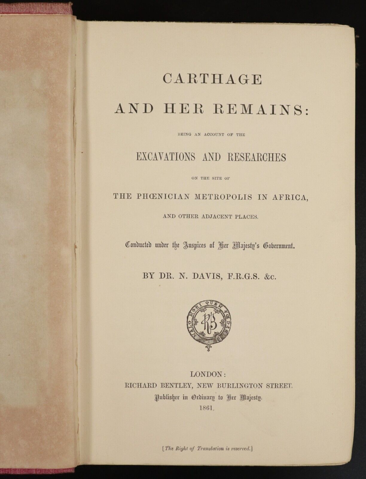 1861 Carthage & Her Remains by Dr N. Davis Antiquarian Exploration Book 1st Ed