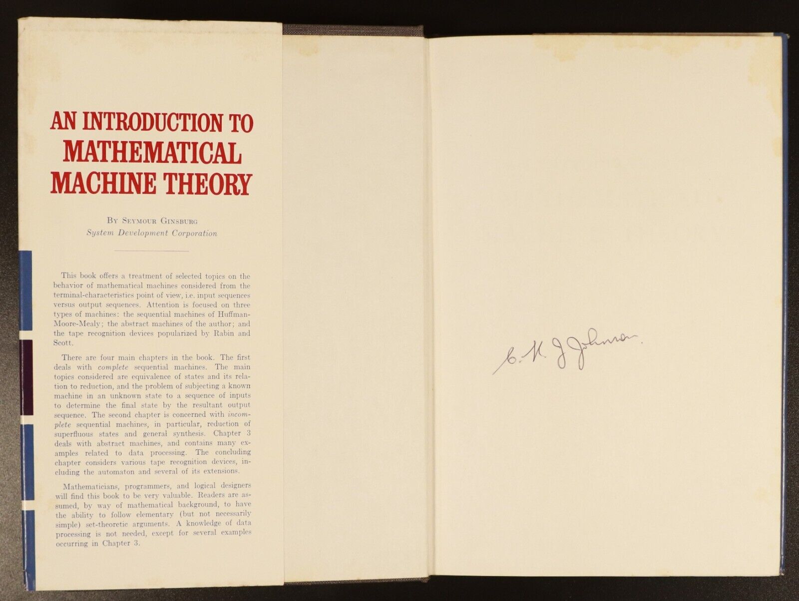 1962 Introduction To Mathematical Machine Theory by S. Ginsburg Science Book - 0