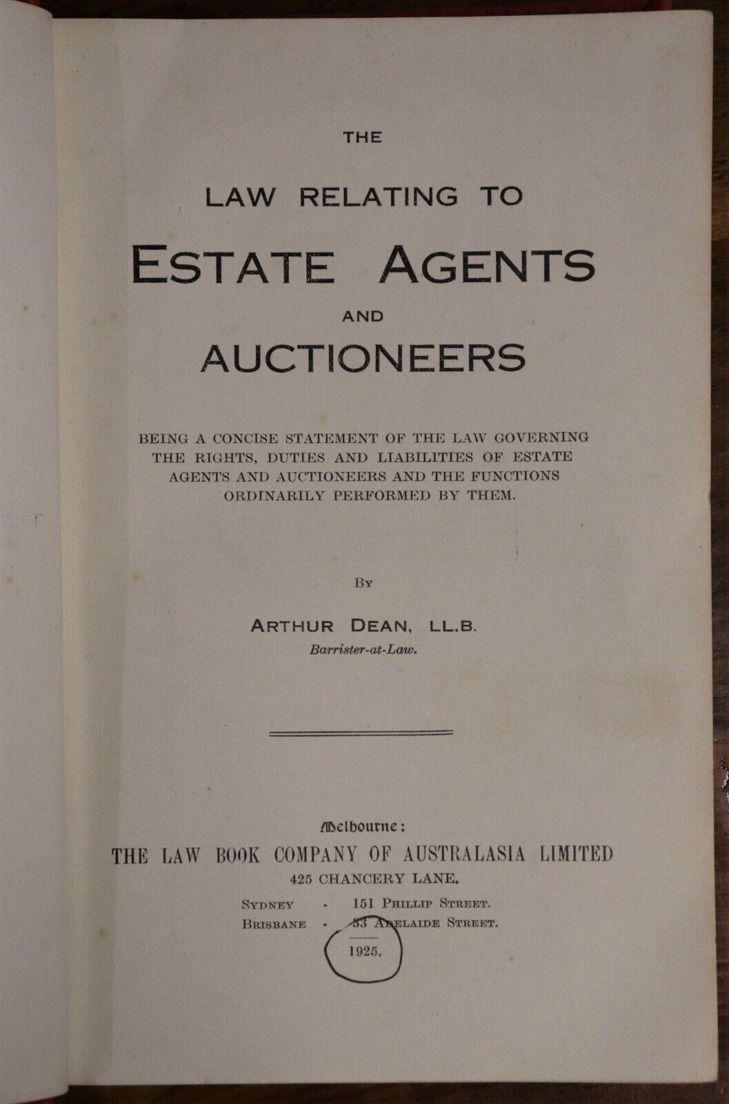The Law Relating To Estate Agents & Auctioneers - 1925 - Australian History Book