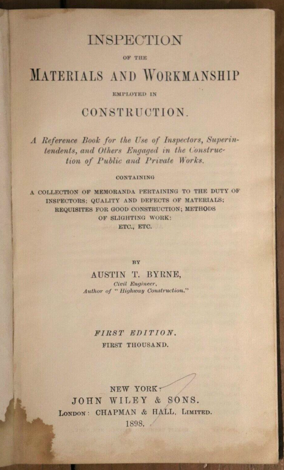 1898 Byrne's Construction Inspectors Pocket Book Rare Antiquarian Book - 0