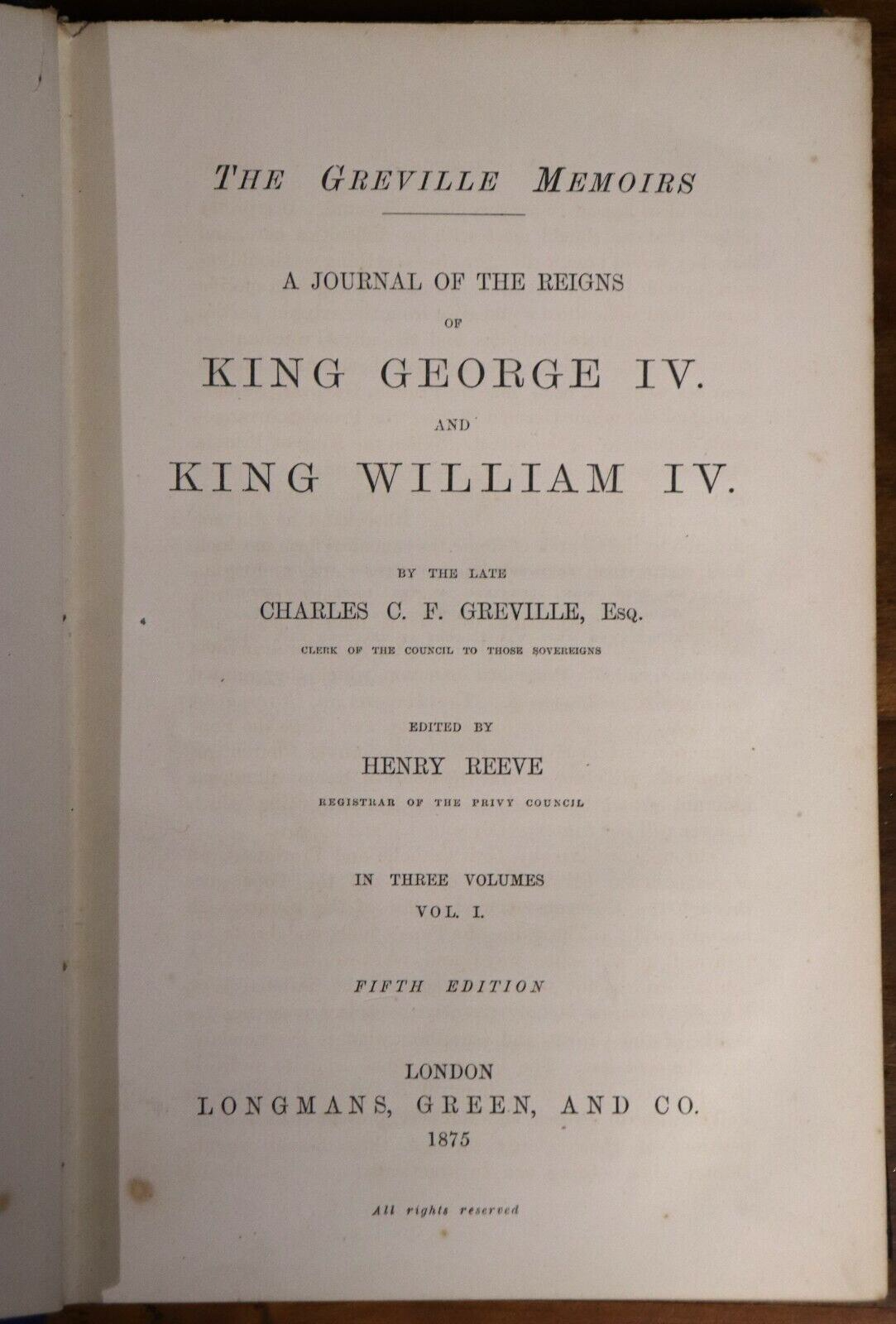 The Greville Memoirs 3 Vol. Set - 1875 - Antique British History Books - 0